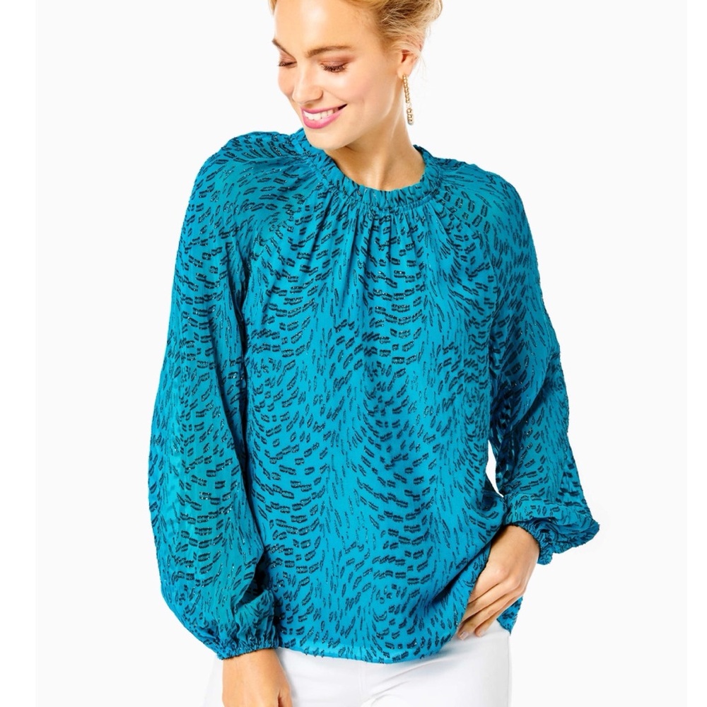 NWT Lilly Pulitzer Caline Silk Top Teal Bay Silk Swirl Clip Extra Small